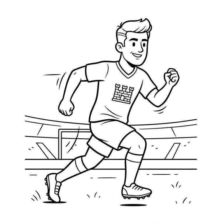 Zwart-wit kleurplaat van een lachende FC Twente voetballer (jongen) in actie op een sportveld, met het clubembleem op zijn shirt, rennend voor een doelpaal en tribunes.