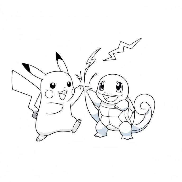 Kleurplaat van Pikachu en Squirtle die een high five geven, met bliksemschichten.