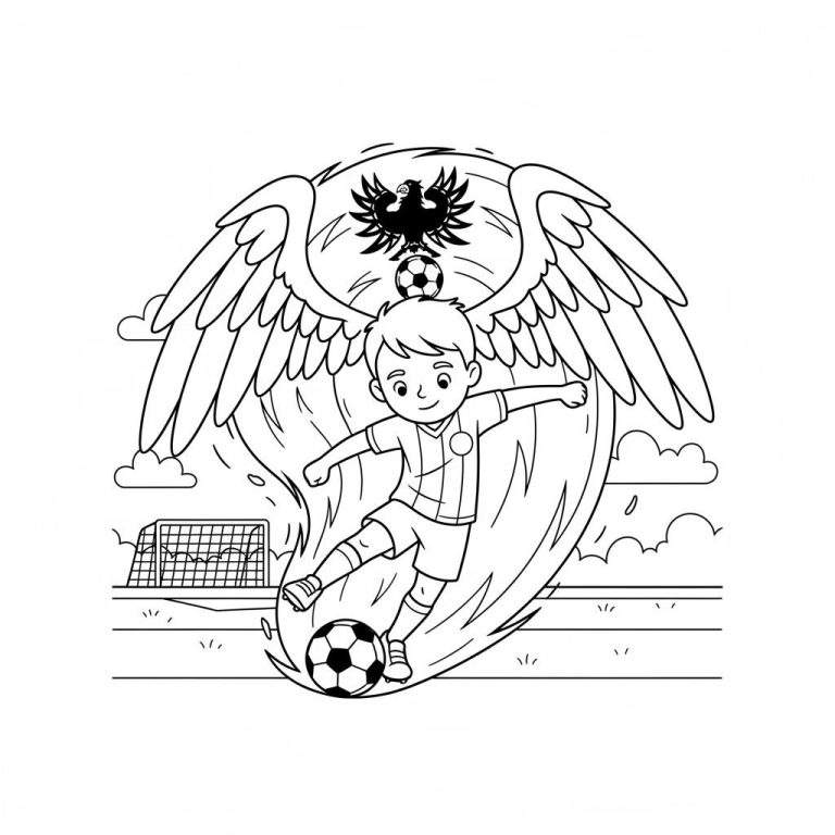 Kleurplaat van een voetballende jongen in actie met een dubbelkoppige adelaar en dynamische vleugels op de achtergrond, symboliserend Go Ahead Eagles kracht en snelheid.