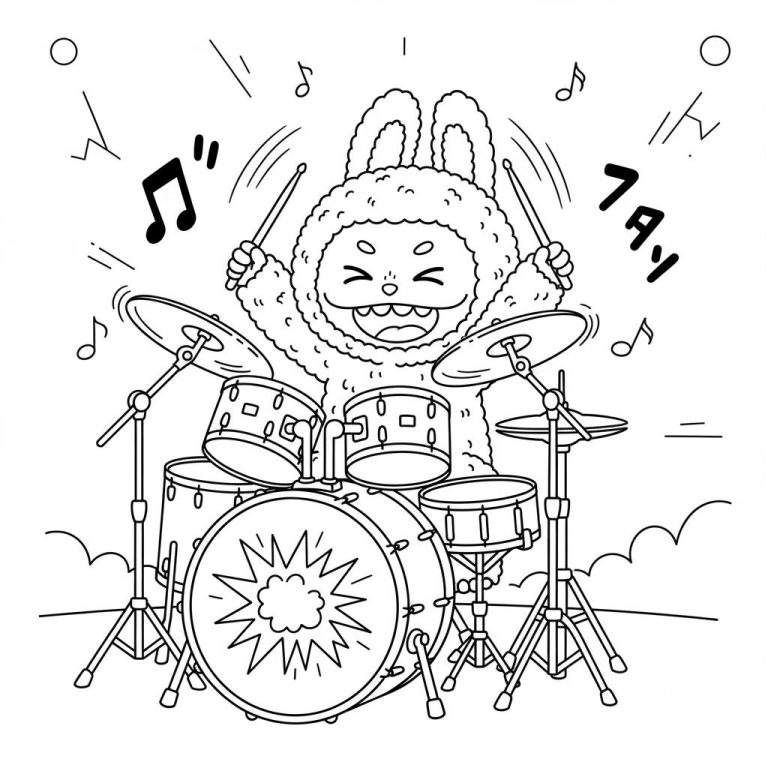 Labubu, het pluizige konijnachtige wezen, speelt extreem enthousiast op een drumstel. Zijn ogen zijn v-vormig gesloten en zijn mond is wijd open in een lach. Muzieknoten en Japanse klankeffecten zoals 'ドッ' en 'タタッ' vliegen rondom de drummer en het drumstel.