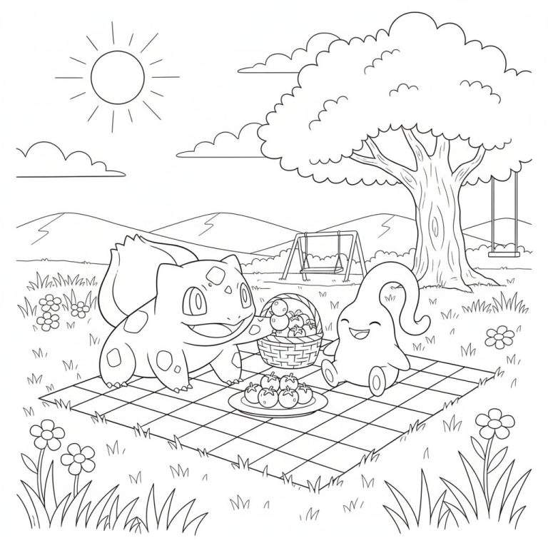 Zwart-wit kleurplaat van Bulbasaur en Goomy die picknicken in een park met gras, bloemen, een picknickmand, een speeltuin met schommel, een boom, heuvels en een zonnige hemel met wolken.