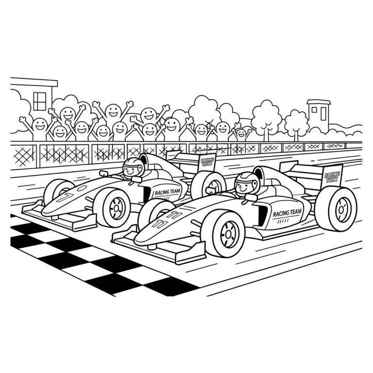 Zwart-wit kleurplaat van een Formule 1 racebaan met twee raceauto's (nummers 77 en 11) bij de startlijn, en een juichend publiek.
