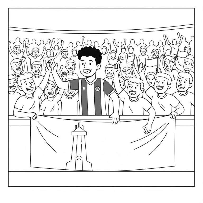 Zwart-wit kleurplaat van een lachende FC Groningen speler die een overwinning viert met juichende fans, inclusief een spandoek met de Martini Toren.