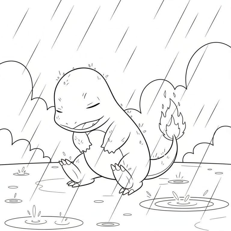 Zwart-wit kleurplaat van een lachende Charmander met gesloten ogen in de zachte regen, met plassen op de grond en zijn vlam intact.