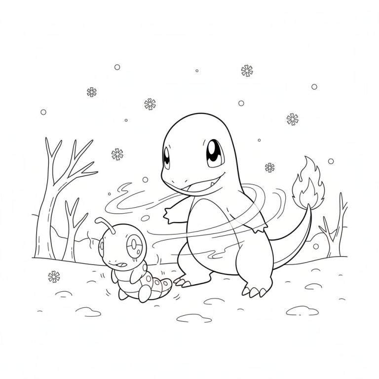 Zwart-wit kleurplaat van Charmander die warme adem uitblaast naar Caterpie in de sneeuw, met sneeuwvlokken en kale takken op de achtergrond. Charmander's staartvlam is duidelijk zichtbaar.
