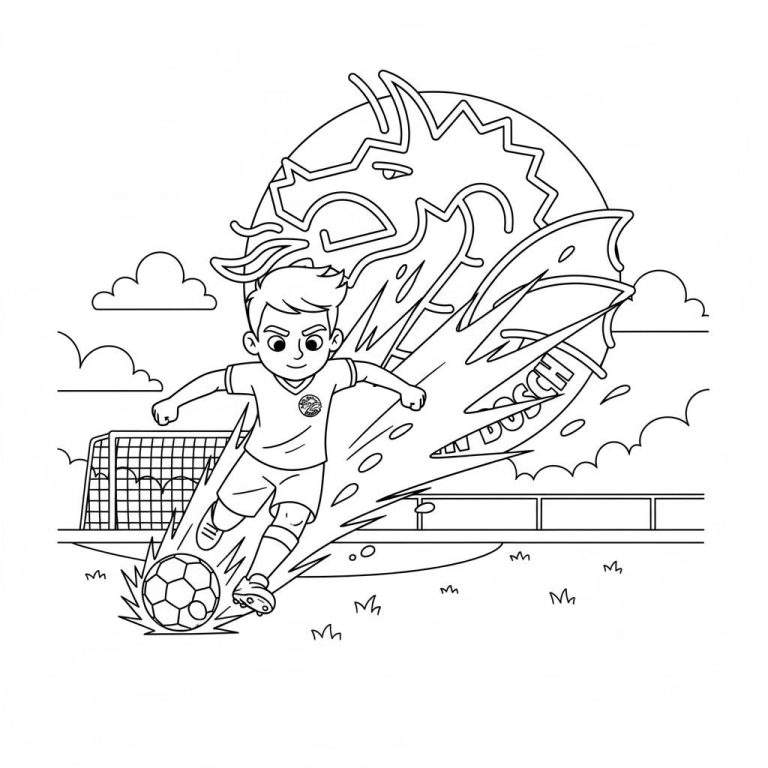 Kleurplaat van een jonge FC Den Bosch voetballer die een bal trapt, met een krachtig drakenlogo inclusief 'BOSCH' en 'DU...' op de achtergrond. Een voetbaldoel en gras zijn zichtbaar.