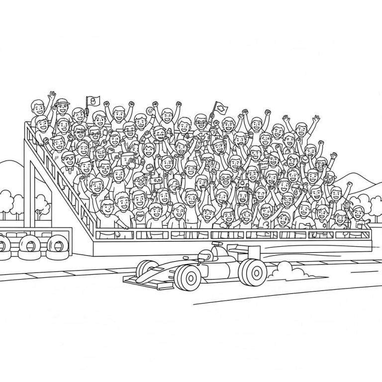 Zwart-wit lijntekening van een Formule 1 Red Bull raceauto op het circuit, met een grote tribune vol juichend publiek, zwaaiend met vlaggen en bordjes (o.a. 'G.P.', '8'). Op de achtergrond zijn heuvels en bomen te zien. Cartoonachtige kleurplaat van een Grand Prix evenement.