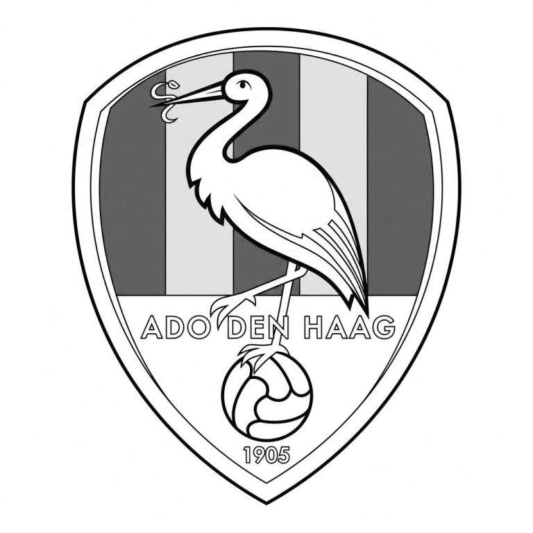 Zwart-wit kleurplaat van het ADO Den Haag logo: een ooievaar op een voetbal met een slang in zijn bek, de tekst 'ADO 'DEN HAAG'' en het jaartal '1905'.