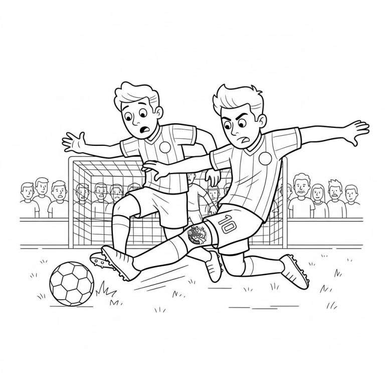 Kleurplaat van een FC Den Bosch voetbalscène: speler met rugnummer 10 maakt een sliding tackle op een grasveld, met een tegenstander, voetbaldoel en toeschouwers op de achtergrond.