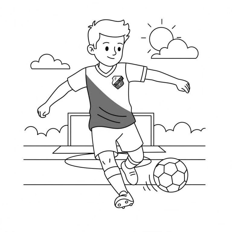 Kleurplaat van een vrolijke jongen in FC Utrecht tenue die de voetbal schopt op een zonnig veld.