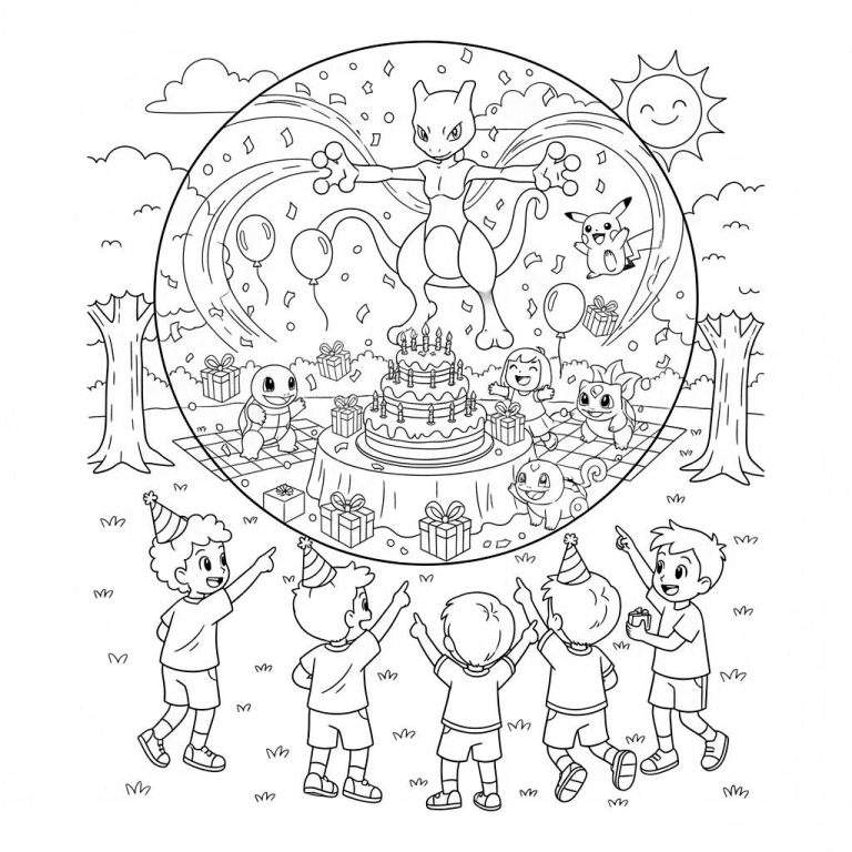 Zwart-wit kleurplaat van een Pokémon verjaardagsfeest. In de centrale cirkel zweeft Mewtwo boven een ronde tafel met een gedetailleerde verjaardagstaart en kaarsjes, omringd door blije Pokémon: Squirtle, Charmander en Bulbasaur. Een springende Pikachu is omgeven door confetti. De scène is bezaaid met cadeautjes, ballonnen en een lachende zon. Op de achtergrond zijn bomen en gras te zien. Onder de cirkel staan zes jongens met feesthoedjes, die enthousiast omhoog kijken en wijzen naar het feest, op een grasveld.