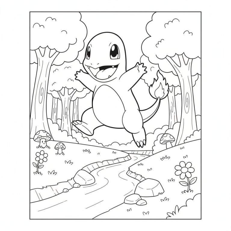 Zwart-wit kleurplaat van een vrolijke, springende Charmander in een bos met bomen, gras, paddestoelen, bloemen en een beekje. De vlam aan zijn staart brandt.
