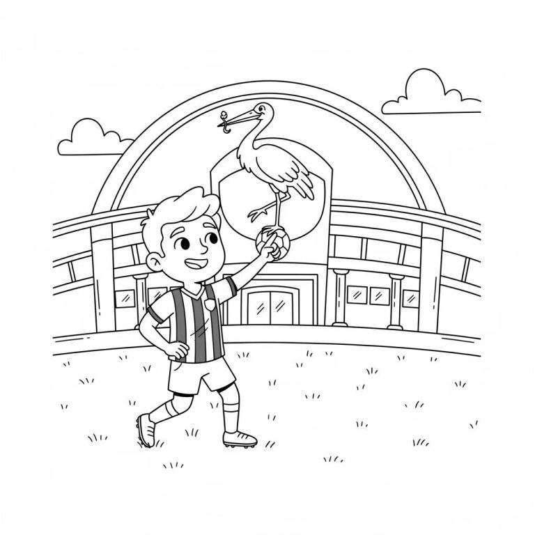 Kleurplaat: Een vrolijke jongen in ADO Den Haag tenue met een voetbal, waarop een ooievaar balanceert met een baby. Op de achtergrond het ADO stadion met boogvormige overkapping, gras en wolken.