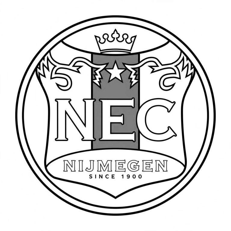 Zwart-wit kleurplaat van het NEC Nijmegen voetbalclub logo, met kroon, schild met letters NEC, ster, Nijmegen en Since 1900.