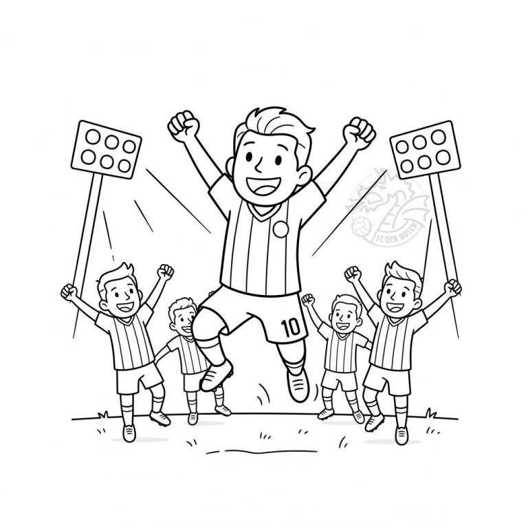 Zwart-wit kleurplaat van juichende FC Den Bosch voetballers. Speler nummer 10 springt triomfantelijk in het midden, omringd door vier teamgenoten. Bovenin is het FC Den Bosch logo zichtbaar en op de achtergrond lichtmasten met ronde lichten.