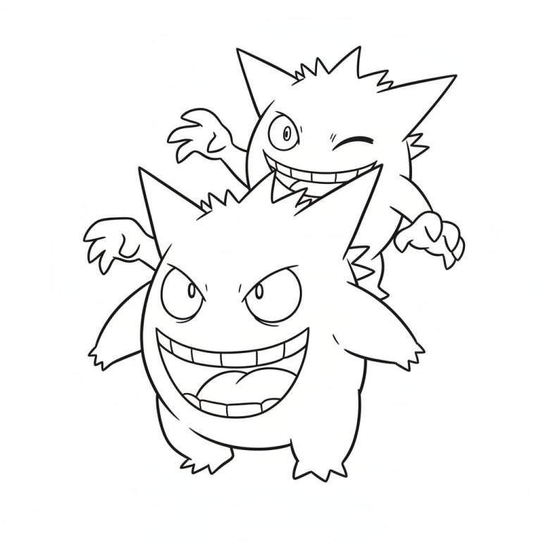 Zwart-wit lijntekening van twee Gengar Pokémon; de voorste is groter en lacht breed, de achterste is kleiner en knipoogt speels achter de eerste vandaan.