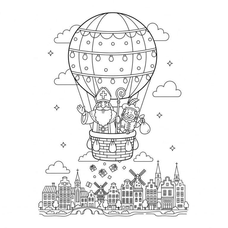 Kleurplaat van Sinterklaas en Piet in een heteluchtballon boven een Nederlands dorp met windmolens, kerktorens, bruggen en vallende cadeautjes.