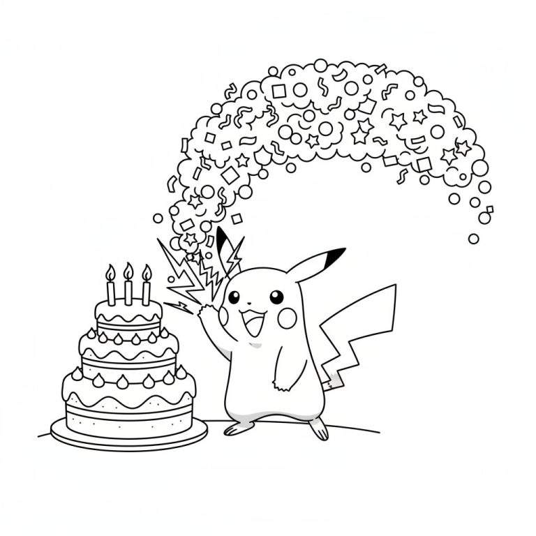 Kleurplaat van een feestelijke Pikachu met één arm omhoog, omringd door bliksemschichten en een wolk van confetti. Links staat een drielaagse verjaardagstaart met brandende kaarsjes.