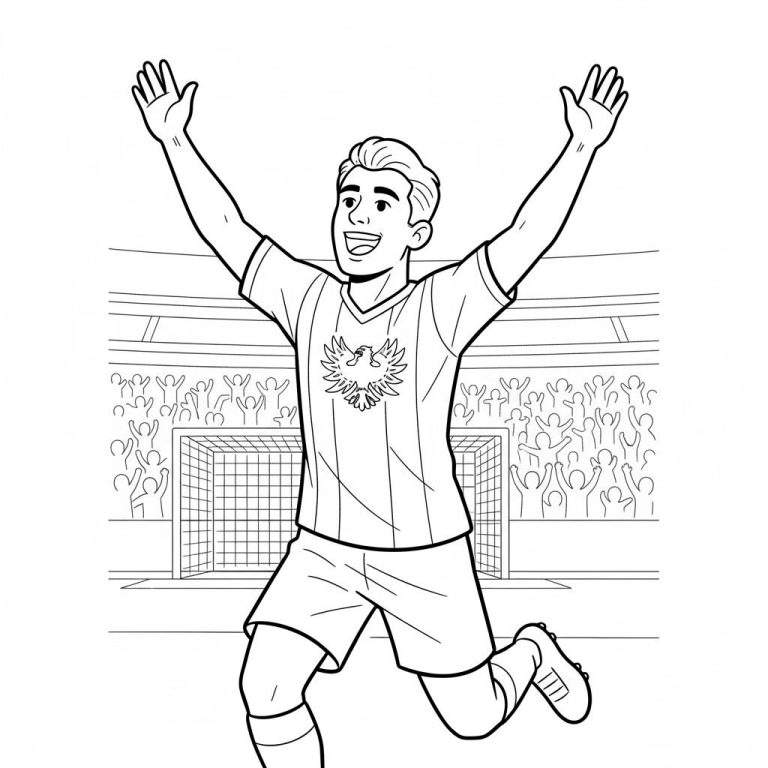 Zwart-wit kleurplaat van een juichende Go Ahead Eagles voetballer met adelaarsembleem, die een doelpunt viert in een stadion met supporters en een doel.