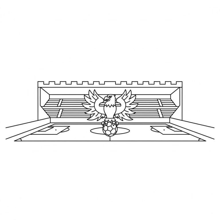 Kleurplaat van het Go Ahead Eagles embleem: een gestileerde adelaar met gespreide vleugels op een voetbal, voor een stadion met kantelen.