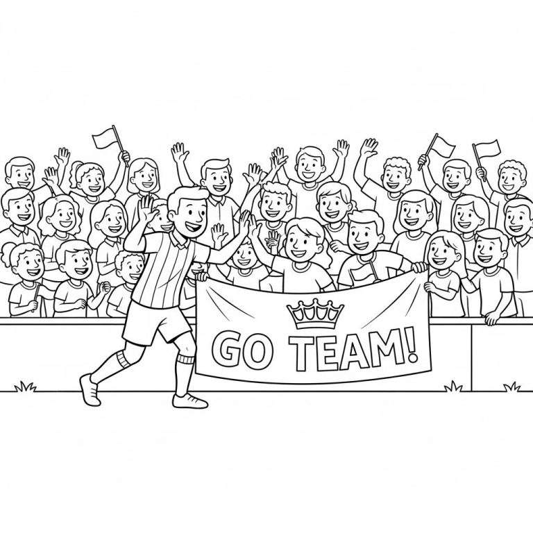 Kleurplaat van Willem II voetbalfans die juichen, met een feestvierende speler en een 'GO TEAM!' spandoek met kroonsymbool.