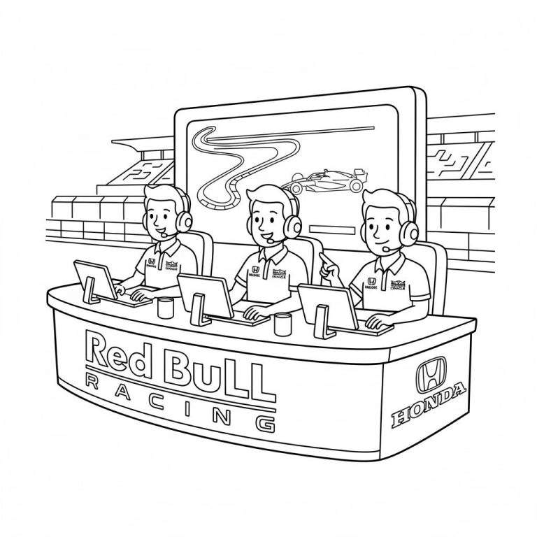 Kleurplaat van drie Red Bull Racing Formule 1 teamleden met headsets en laptops in een controlekamer, volgend een race op een groot scherm met een F1-auto. Red Bull en Honda logo's zijn zichtbaar.