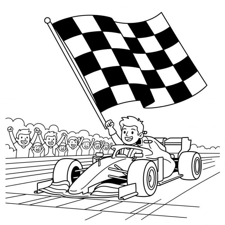 Kleurplaat: Lachende racecoureur in F1-auto zwaait met finishvlag, juichende menigte viert overwinning op racebaan.