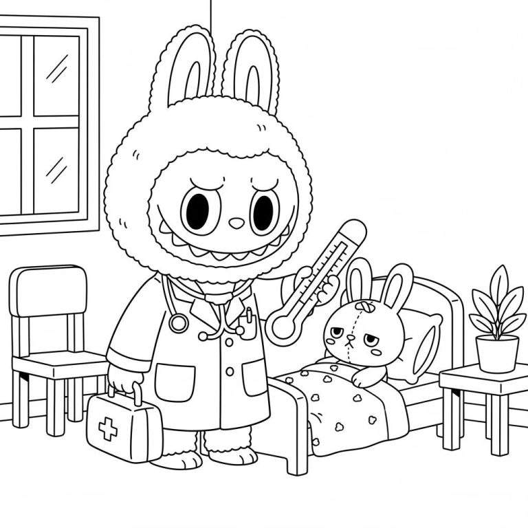 Zwart-wit kleurplaat van een doktersbezoek. Een grote konijn-dokter met stethoscoop houdt een thermometer vast bij een kleinere, zieke konijn-patiënt met hechtingen in bed. Op de achtergrond zijn een raam en een nachtkastje te zien.