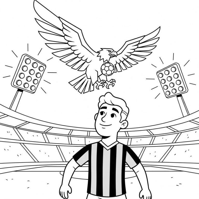 Zwart-wit kleurplaat van een lachende Vitesse voetballer in gestreept shirt, een adelaar met voetbal, en een stadion met schijnwerpers, wat een heroïsche avondwedstrijd voorstelt.