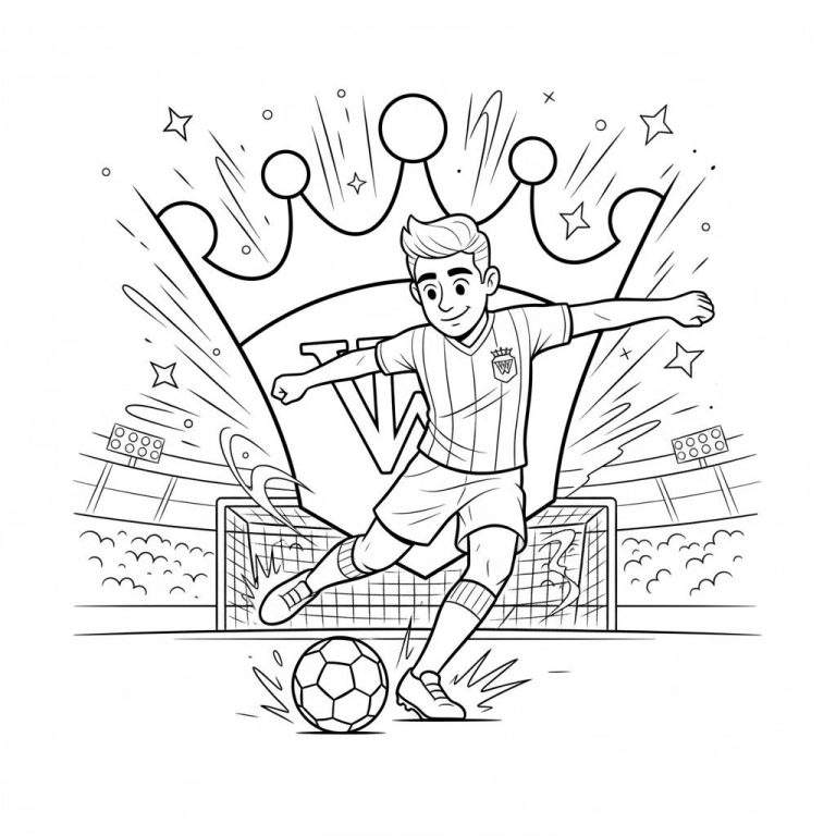 Zwart-wit kleurplaat van een jonge Willem II voetballer in gestreept shirt met embleem, met voetbal voor zijn voeten. Op de achtergrond een stadion met goal en erboven een grote kroon met stralen.