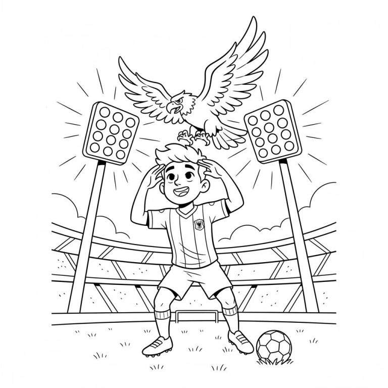 Kleurplaat van een lachende jonge voetballer in Go Ahead Eagles tenue die juicht onder een vliegende adelaar in een voetbalstadion, met stadionlampen en een voetbal op het gras.