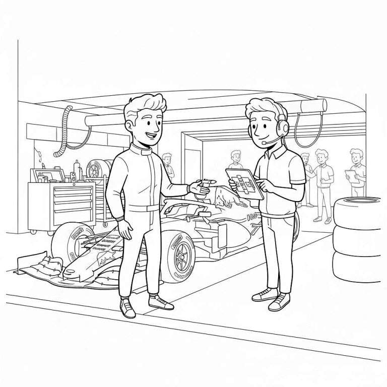 Zwart-wit kleurplaat van een Red Bull F1 racegarage. Een breed glimlachende coureur in raceoveral wijst naar een gestroomlijnde Formule 1-auto. Rechts van hem staat een teamlid met headset en tablet, ook glimlachend. Rechts liggen racebanden en links een gereedschapskist. Op de achtergrond zijn buizen en andere teamleden zichtbaar.