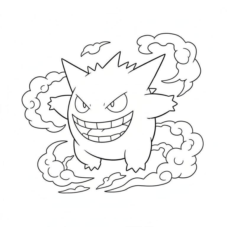 Zwart-wit lijntekening van Pokémon Gengar met puntig hoofd, gemene grijns, priemende ogen en omringd door rookwolken, als kleurplaat.