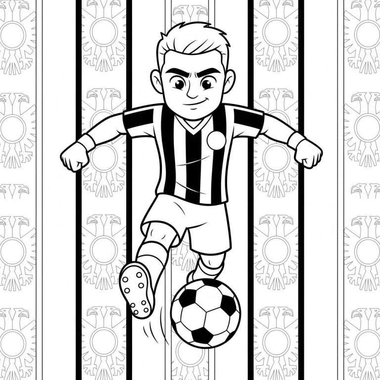 Zwart-wit Vitesse kleurplaat van een cartoonjongen in voetbaltenue die een bal trapt, met een gestileerde gestreepte achtergrond met adelaarsymbolen.
