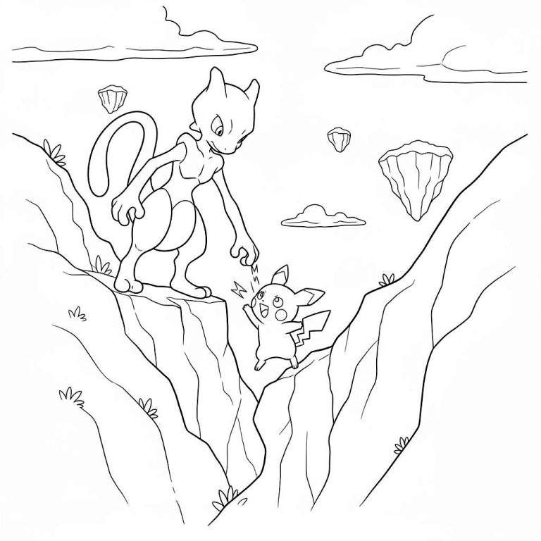 Lijntekening van Mewtwo die vriendelijk reikt naar een enthousiast springende Pikachu met bliksemflitsen, in een diep rotsachtig ravijn met zwevende rotsen en wolken.