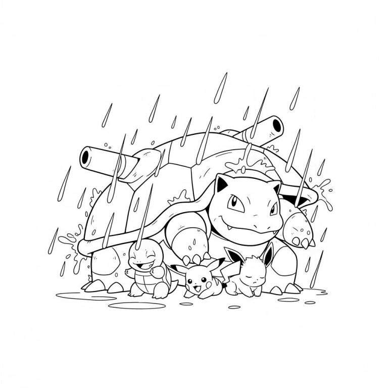 Zwart-wit kleurplaat van een lachende Blastoise die Squirtle, Pikachu en een slapende Eevee beschermt tegen de vallende regendruppels en waterspatten op de grond.