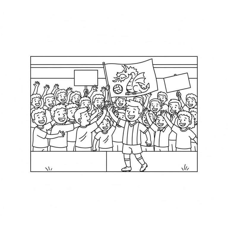 Kleurplaat: Jonge FC Den Bosch supporter juicht met drakenvlag en voetbal, omringd door vrolijke fans in een voetbalstadion.