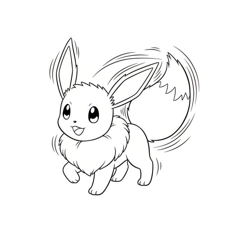 Zwart-wit kleurplaat van een vrolijk lopende of draaiende Eevee met pluizige kraag en staart.