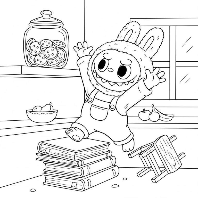 Kleurplaat van Labubu, een konijnachtig figuur in tuinbroek, dat op een stapel boeken klimt om een pot met koekjes op een plank te bereiken, met fruit en een omgevallen krukje in de keuken.