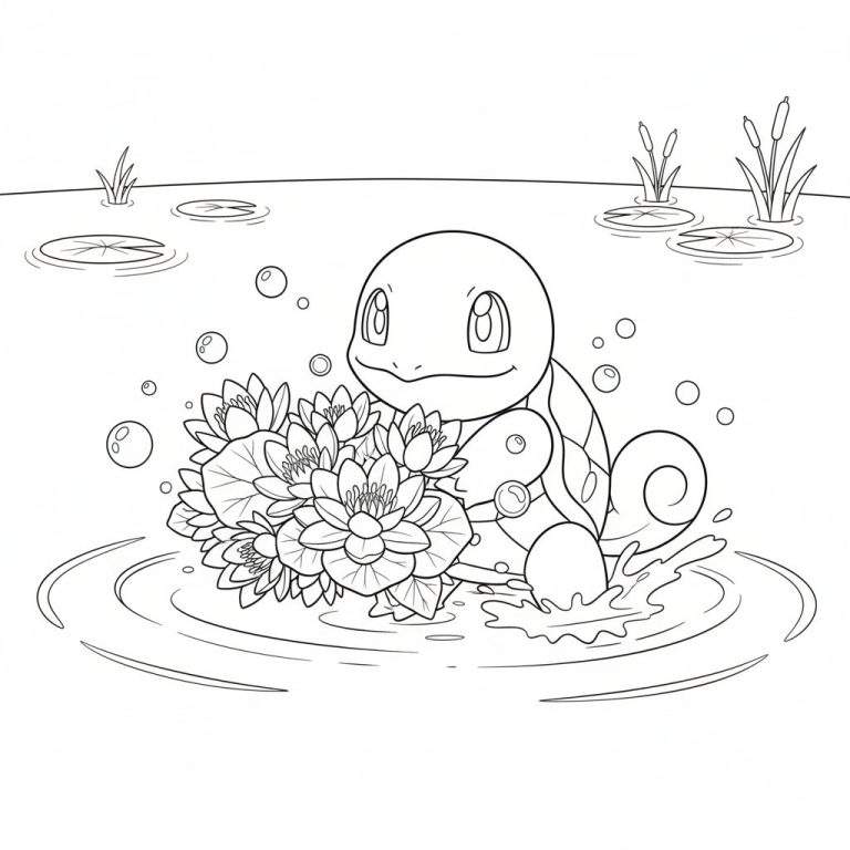 Zwart-wit kleurplaat van Squirtle in een vijver, omringd door waterlelies, bubbels en riet.