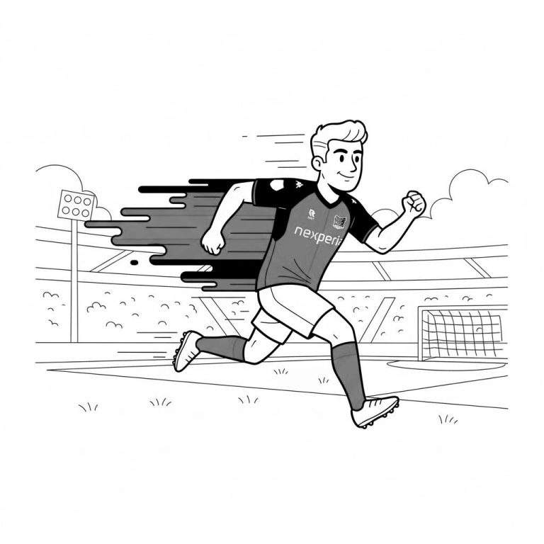 Zwart-wit kleurplaat van een rennende NEC voetballer in Nexperia shirt in een stadion, met voetbaldoel en tribunes op de achtergrond.