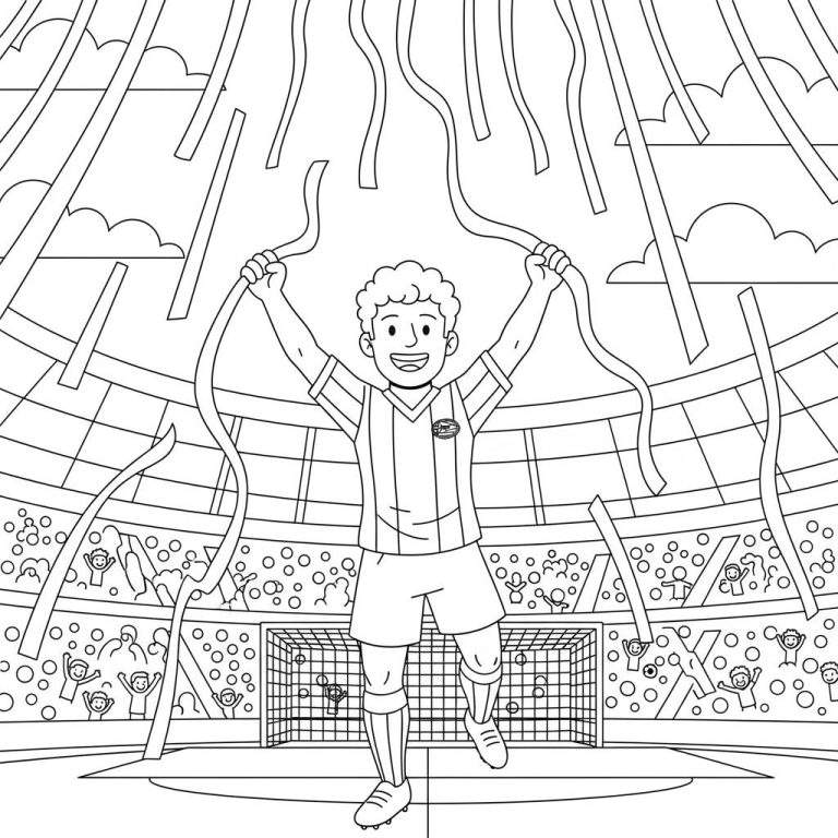 Kleurplaat van een feestvierende PSV-voetballer met krullend haar in een stadion, omringd door juichende supporters, confetti en slingers, na een overwinning.