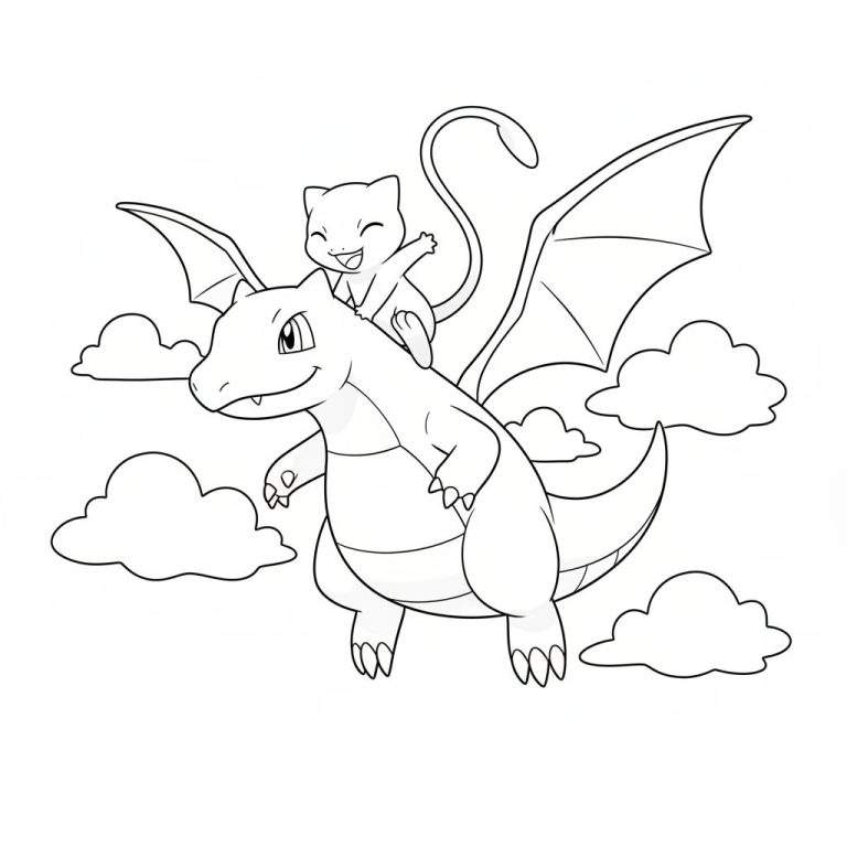Zwart-wit lijntekening kleurplaat van de draakachtige Pokémon Charizard die de katachtige Pokémon Mew op zijn rug draagt, vliegend tussen gestileerde wolken.