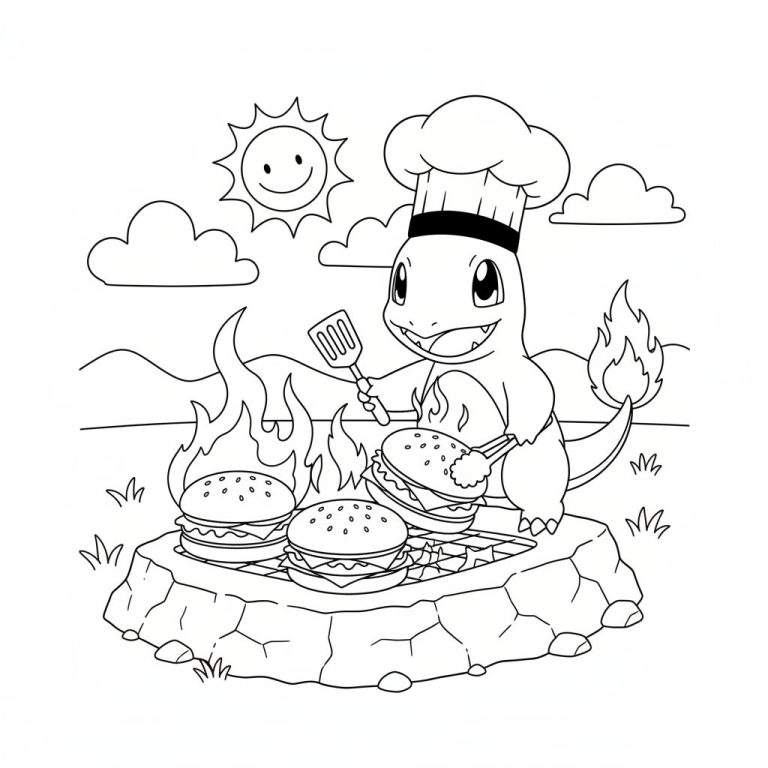 Kleurplaat van een vrolijke Charmander als chef-kok, die hamburgers grilt op een stenen barbecue, met een lachende zon, wolken en gras op de achtergrond.