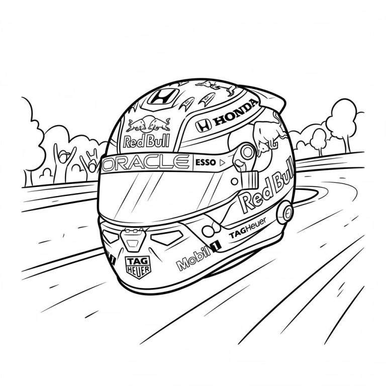 Kleurplaat van een Red Bull Formule 1 racehelm met sponsorlogo's (Red Bull, Honda, Oracle, Esso, Mobil 1, TAG Heuer) tegen een achtergrond van een racecircuit met bewegingseffecten.