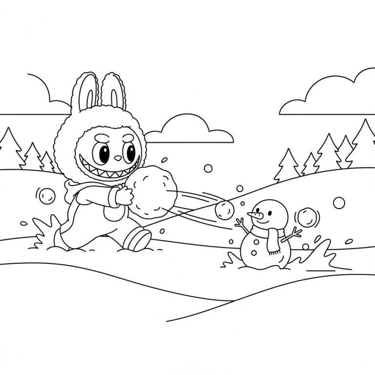 Zwart-wit kleurplaat van Labubu in een konijnenpak die een sneeuwbal gooit naar een geschrokken sneeuwpop in een besneeuwd winterlandschap met dennenbomen.
