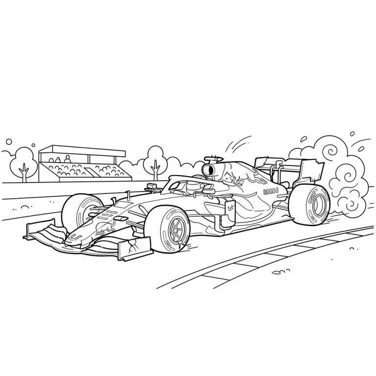 Zwart-wit kleurplaat van een Red Bull-achtige Formule 1 raceauto met halo, rijdend op een circuit met rook en snelheidsstrepen. Tribune met toeschouwers en bomen op de achtergrond.