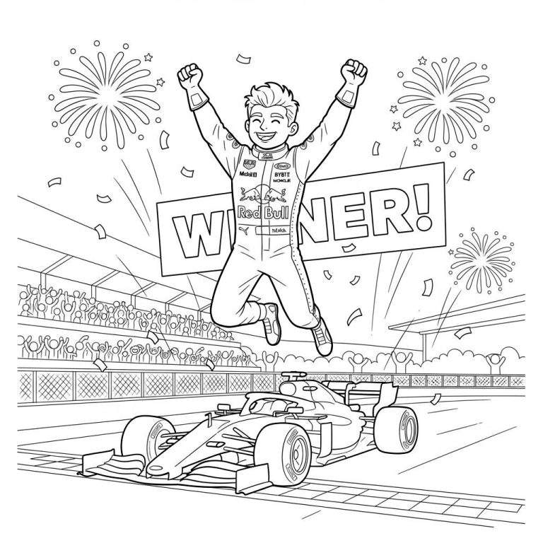 Kleurplaat: Blije Formule 1 Red Bull coureur springt van vreugde na overwinning, met auto, juichende fans, confetti en vuurwerk.