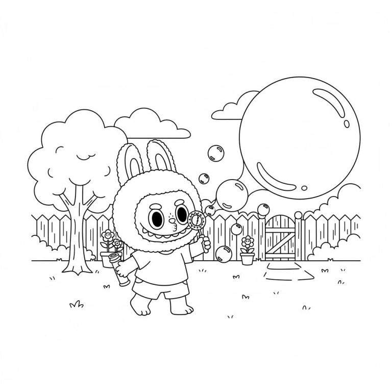 Kleurplaat van een schattig Labubu konijntje met pluizige oren, dat bellen blaast in een tuin met een houten hek, boom en bloemen. Bellen zweven in de lucht.