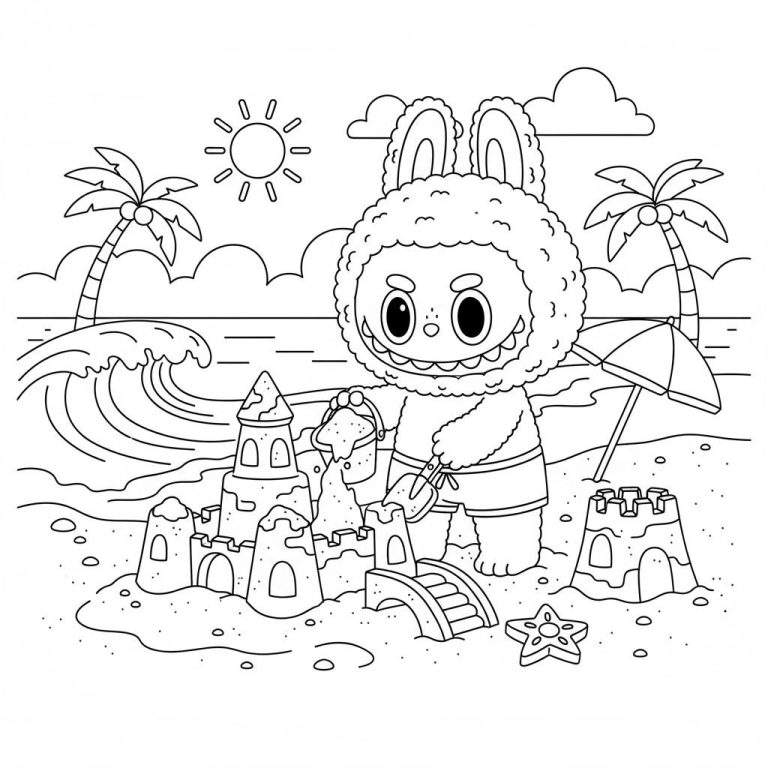 Kleurplaat van Labubu op het strand, bouwende zandkastelen met emmer en schep, omringd door palmbomen, zee en een lachende zon.